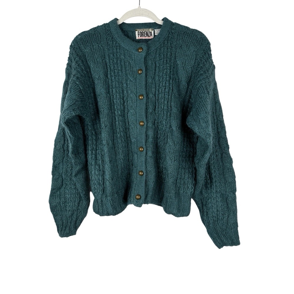 Vtg Forenza Mohair Wool Women's M Teal Button Up Cable Knit Sweater Preppy 80's